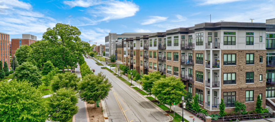 High view of the pool community area within the Continuum apartments